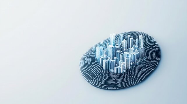 Composite of a fingerprint with a cityscape embedded in its ridges, urban digital identity