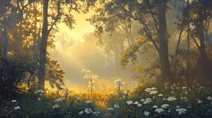 Fototapeta premium Ethereal Sunrise in a Serene Forest Landscape