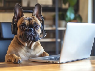 A French Bulldog wearing a headset and looking intently at a laptop computer.