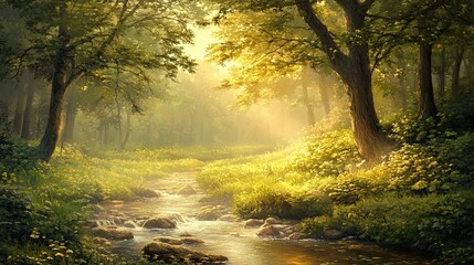 Obraz premium Serene Forest Stream with Sunlight Filtering Through Trees