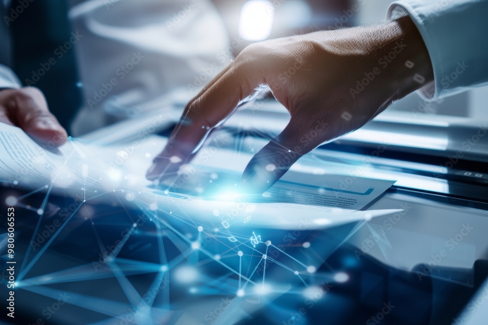 Poster Person analyzing digital data with futuristic hologram display, illustrating modern technology and innovation in business and engineering.