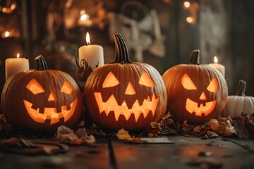 Fototapeta premium Illuminated Halloween pumpkins with carved faces on wooden table in autumn. Generative AI