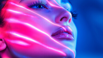 A woman with a face covered in glitter and neon colors. The face is glowing and the colors are bright and bold. The woman's eyes are open and staring straight ahead