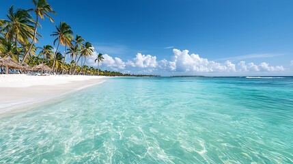 Crystal-clear turquoise water lapping against a white sandy beach, with palm trees swaying in the breeze, perfect for a tropical paradise advertisement, deep depth of field, Product photography with