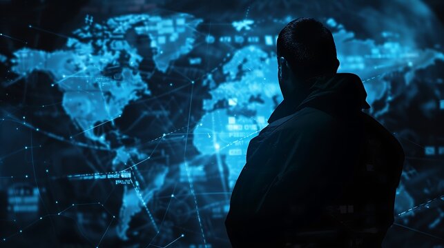 Silhouette of a man stands against a world map background, highlighting the interconnectedness of the world and the digital age.