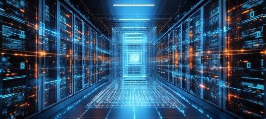 Fototapeta premium Futuristic Server Room With Glowing Lines, Big Data Technology And Digitalization Concept.