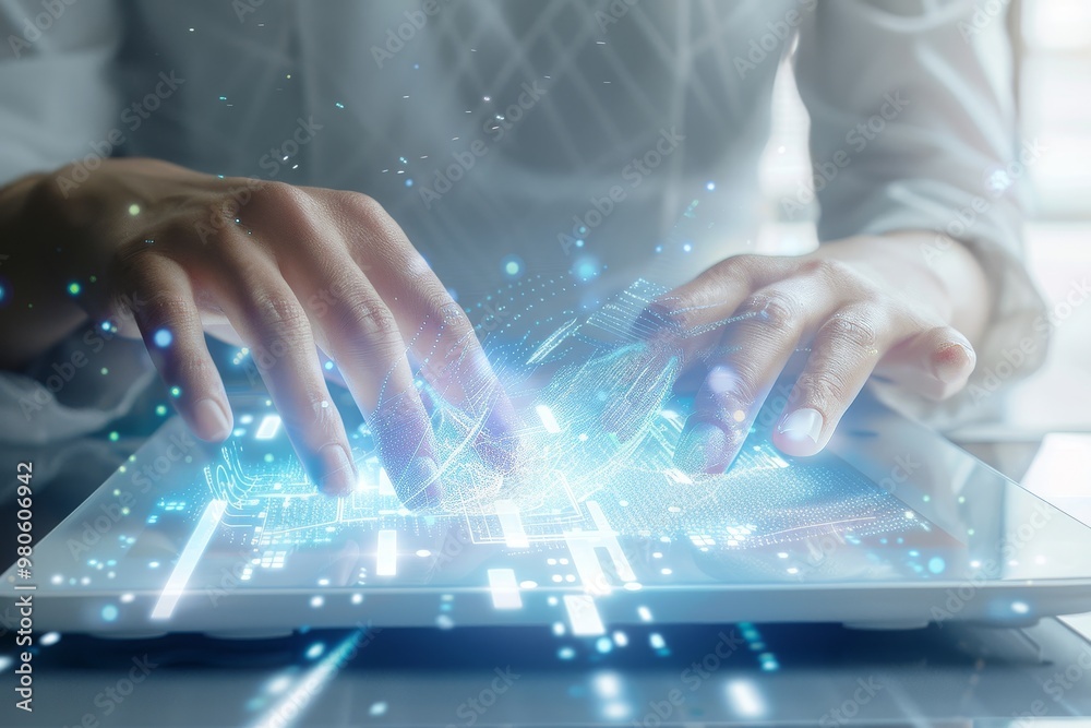 Poster Person analyzing digital data with futuristic hologram display, illustrating modern technology and innovation in business and engineering.