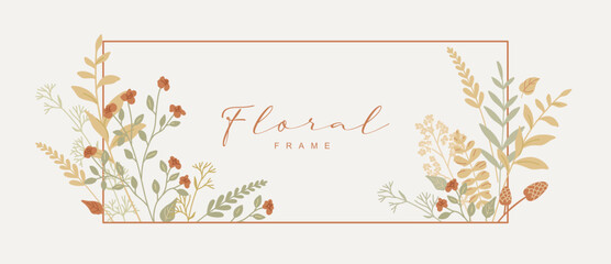 Elegant floral frame with delicate meadow flowers, herbs, branches. Flowers pattern in warm brown, beige, green colors. Vector illustration