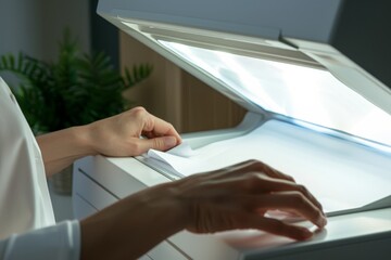 Close-up of a person scanning documents on a copier, representing office work, technology, and the process of digital documentation.