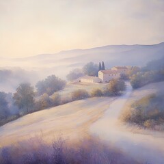 Serene Landscape with Rolling Hills and Hazy Skies