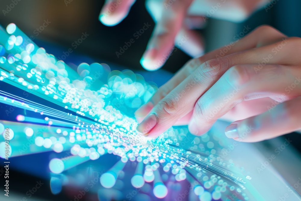 Poster hands interacting with a glowing digital interface, symbolizing technology, innovation, and futurist