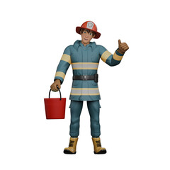 Professional Male Firefighting Character.  A firefighter stands with an appendage in his hand while his thumb is raised in the other hand. 3D Firefighter
