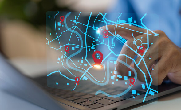 Technology smart navigation and location tracking with professional hand interacting with futuristic GPS map interface locations of services, delivery, travel app, logistics and transportation