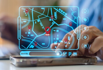 Technology smart navigation and location tracking with professional hand interacting with...