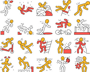 accident injury man person icons set vector. human car crash, fail safety, road danger, slip caution, work risk traffic accident injury man person color Contour Illustrations