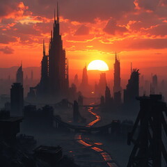 Naklejka premium destroyed city with a beautiful sunset, future, dark 