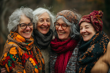 Four Senior Women Smiling Together in Autumn