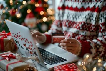 Person in cozy Christmas sweater shopping online with a credit card on a decorated laptop. Holiday gifts and festive decorations create a warm atmosphere, perfect for holiday shopping and giftgiving