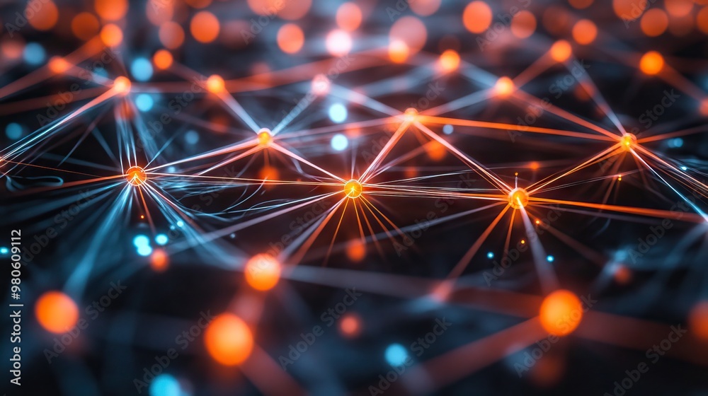 Poster a complex web of digital connection lines and dots, representing technological innovation and commun