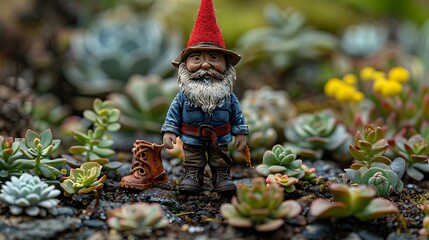 Garden Gnome Figurine Standing Among Succulents