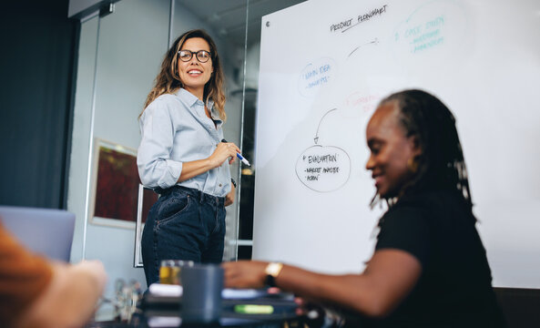 Business woman giving a presentation on a product flowchart in a business meeting
