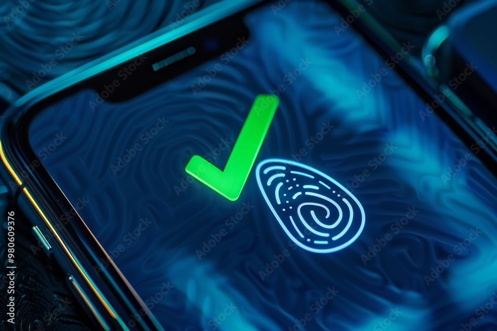 Poster Fingerprint scan on a smartphone screen, illustrating biometric security technology for secure access and data protection on mobile devices.