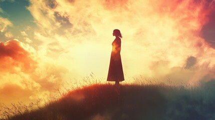 "Silhouette of a Woman Against a Colorful Sunset Sky"