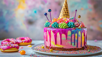 A colorful unicorn cake with sprinkles and icing drips on top. The cake is surrounded by donuts and a birthday candle