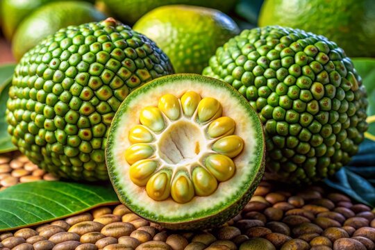 Ripe morula fruit with velvety skin and vibrant green pulp bursting with juicy yellow seeds amidst intricate patterns and subtle shadows.