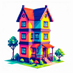 Illustration of Pixel art house on white background.