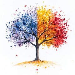 Hand-Painted Watercolor Illustration of a Four-Season Tree on White and Transparent Background