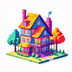Illustration of Pixel art house on white background.