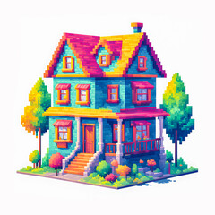 Illustration of Pixel art house on white background.