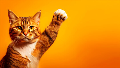 Close-up of a beautiful cat with a determined look with its paw raised like a human fist, on an orange-yellow background with copy space. Animal rights support and protest concept. Generative Ai.