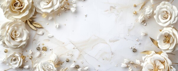 Abstract white flowers, modern design, frame from white and golden colored florals
