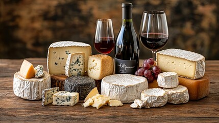 Naklejka premium Assortment of cheeses and wine on wooden table