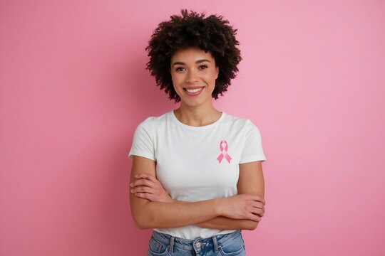 Confident young afro woman with breast cancer awareness ribbon on t-shirt against pink background