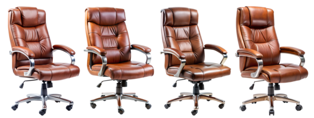Set of leather office chairs on insulated transparent background. Office furniture concept.