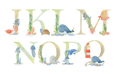 Watercolor sea animals letters.