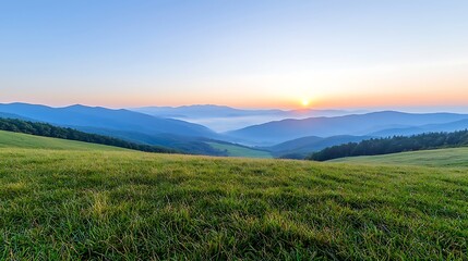 Peaceful sunrise over a mountain range, warm hues filling the sky, ample copy space for advertising text, high-end national geographic photography, deep depth of field