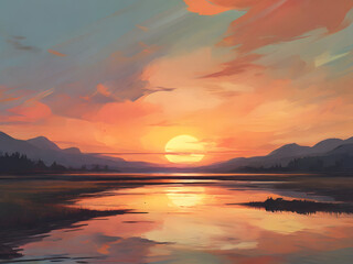 Obraz premium Low Art Serene Sunset Landscape With Reflective Water 