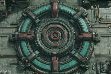 A futuristic, circular structure with a complex design in shades of grey, teal, and red.