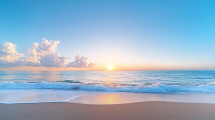 Fototapeta premium Stunning sunset with a glowing sun dipping below the horizon over a beach, space for text in the sky, high-end national geographic photography, deep depth of field