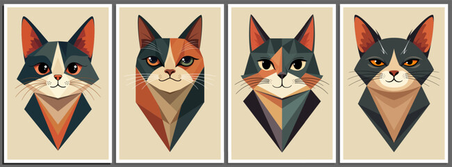 Set of creative cat portraits in minimalistic geometric boho style drawing with abstract shapes. Mid century modern wall art print poster, home decor, modern canvas, postcard. Vector illustration