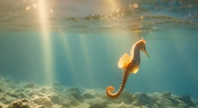  Seahorse floating gracefully near the surface of the water, illuminated by the sun