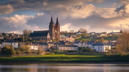 Obraz premium A peaceful shot of the Cathedral Church of the Holy and Undivided Trinity, Downpatrick, standing tall amidst the town landscape.