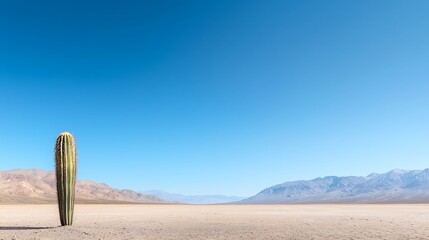 A solitary cactus in the foreground of a barren desert scene, mountains in the distance, clear blue sky, copy space for text, high-end photography style, deep depth of field