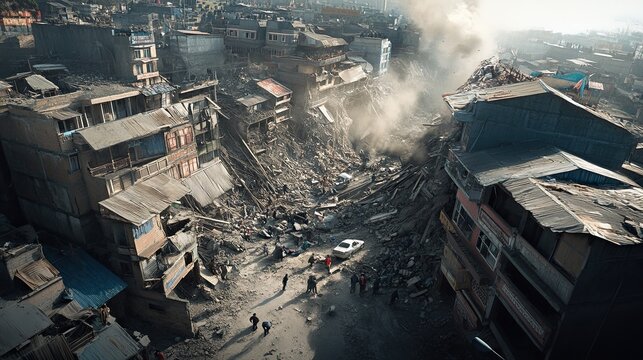 An earthquake ripping through a densely populated urban area, with cracked roads, collapsing structures, and panicked people seeking safety