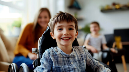 Smiling boy with SP in a wheelchair in the room. World Cerebral Palsy (SP) Day. Disabled child at home with family. The concept of treatment, education and inclusion of sick children into society