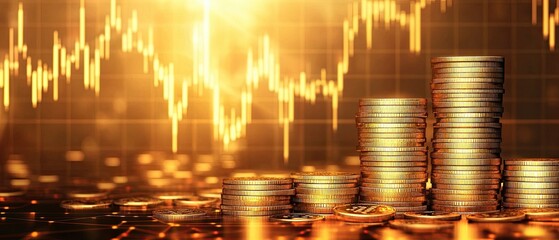 A dramatic scene featuring tall stacks of gold coins against a backdrop of a sharply rising stock chart, illustrating the upward trend in gold prices and financial success